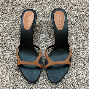 Tony Bianco Women's Brown Strap Slide Heels with Black Footbed